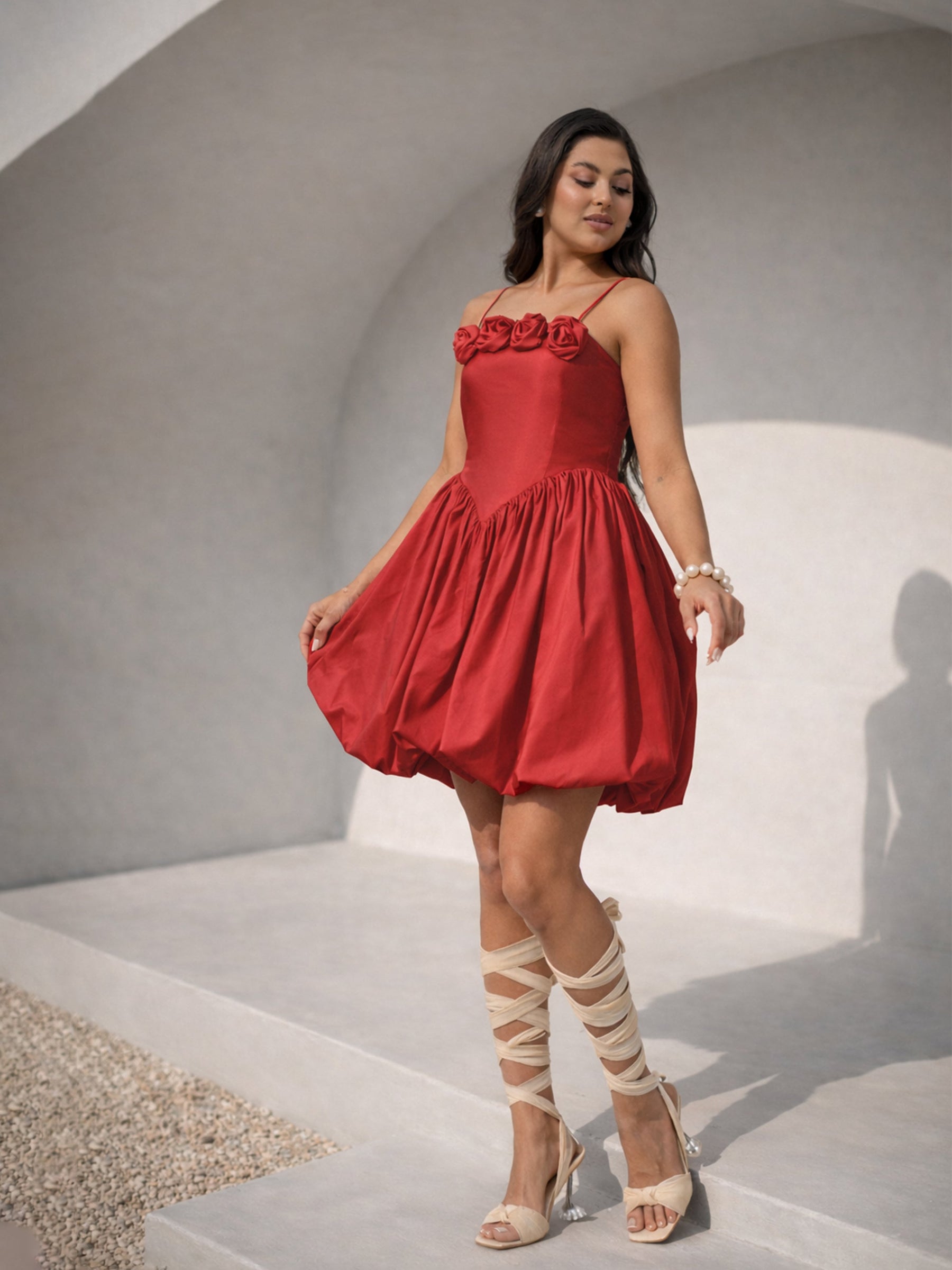 Buy Women Red Front Corsage Low Waist Balloon Short Dress Online at Best Price