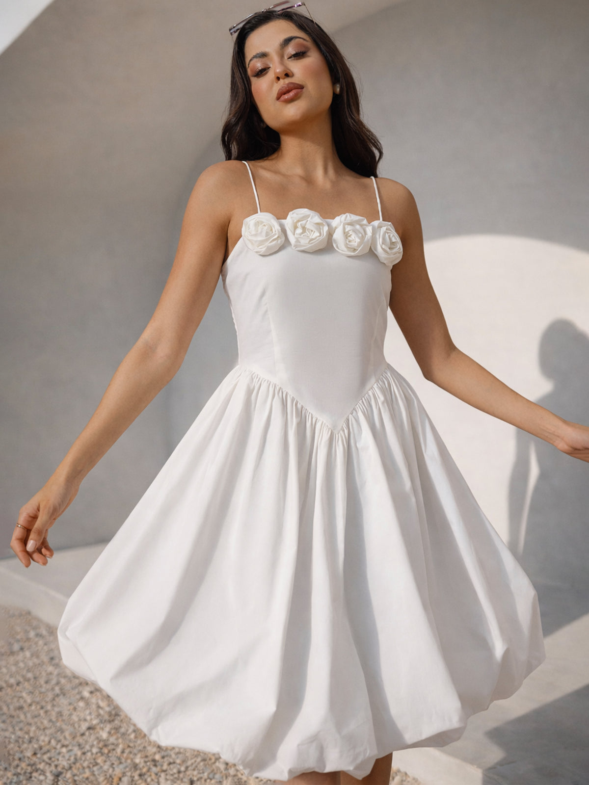White Front Corsage Low Waist Balloon Short Dress-Pink Paprika by SASSAFRAS