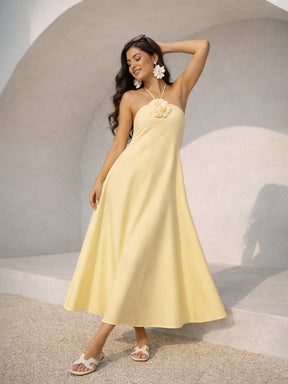 Women Yellow Front Corsage Halter Neck A-Line Midi Dress