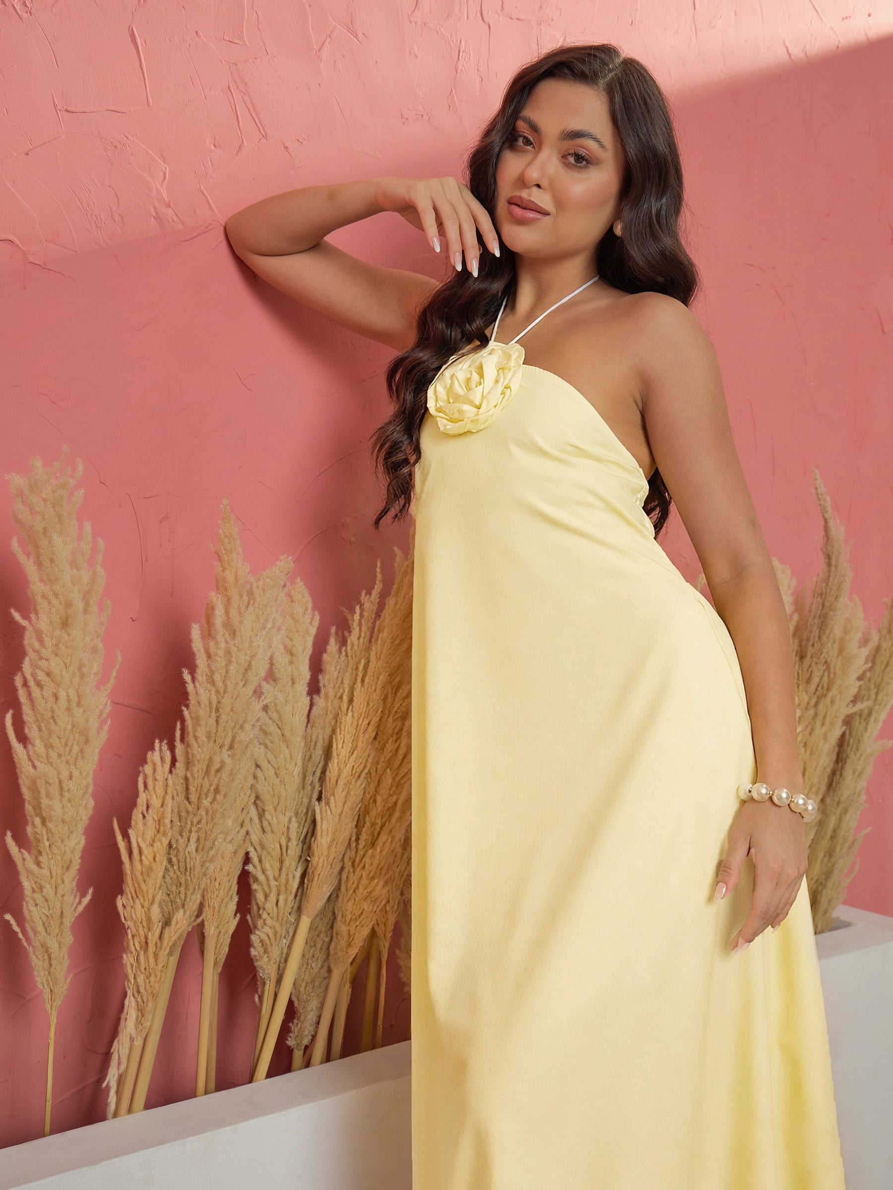 Yellow Front Corsage Halter Neck A-Line Midi Dress-Pink Paprika by SASSAFRAS