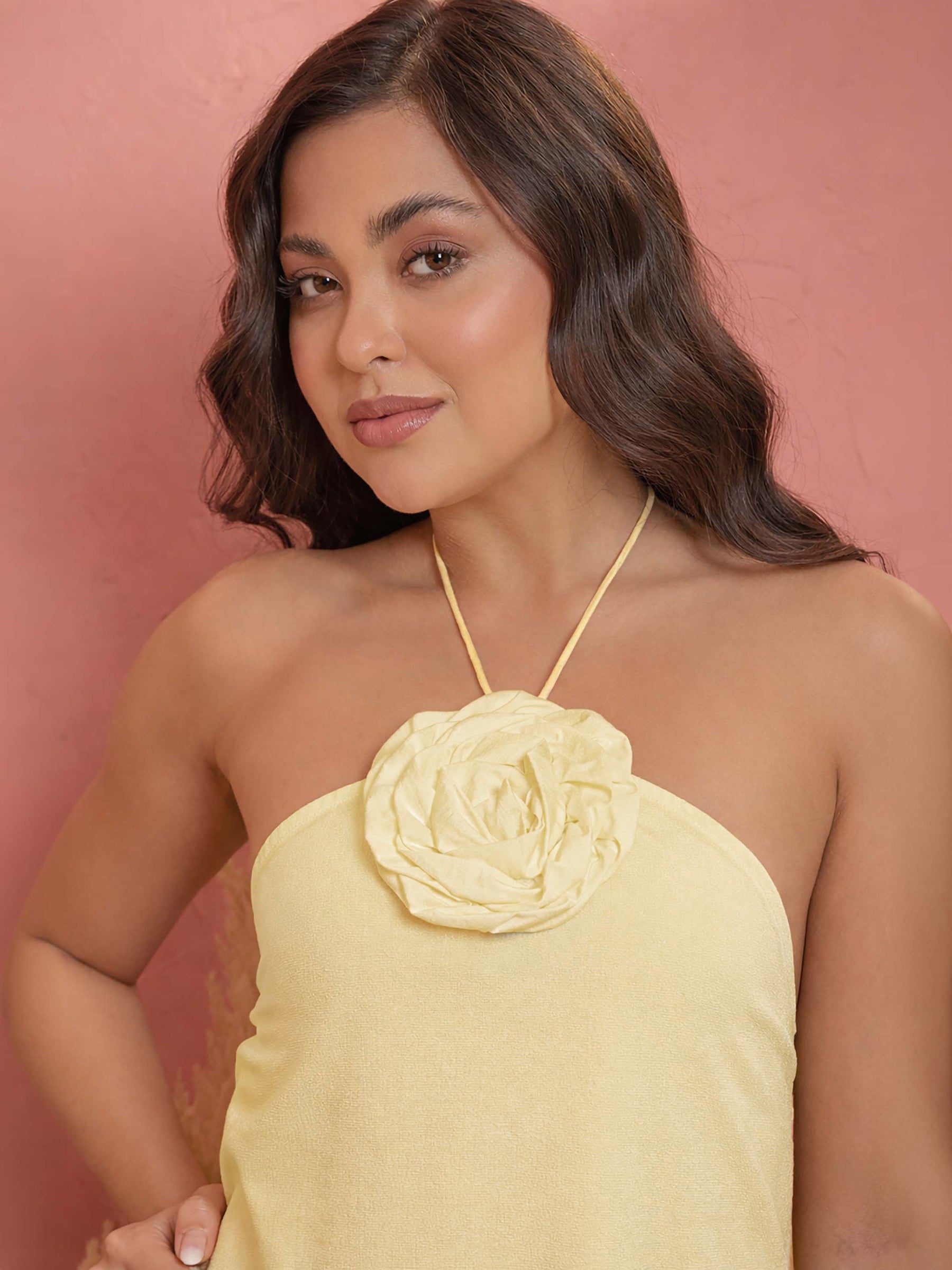Yellow Front Corsage Halter Neck A-Line Midi Dress-Pink Paprika by SASSAFRAS