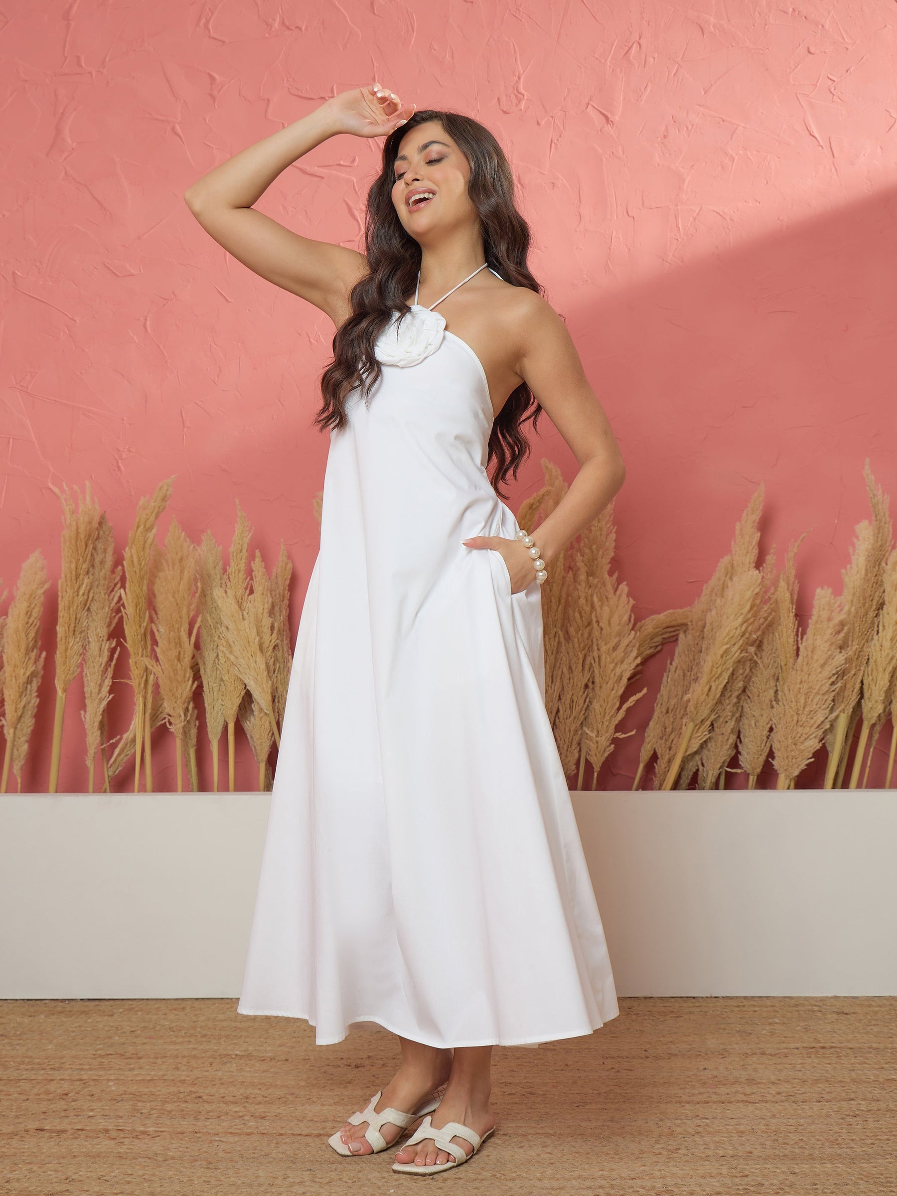 White Front Corsage Halter Neck A-Line Midi Dress-Pink Paprika by SASSAFRAS