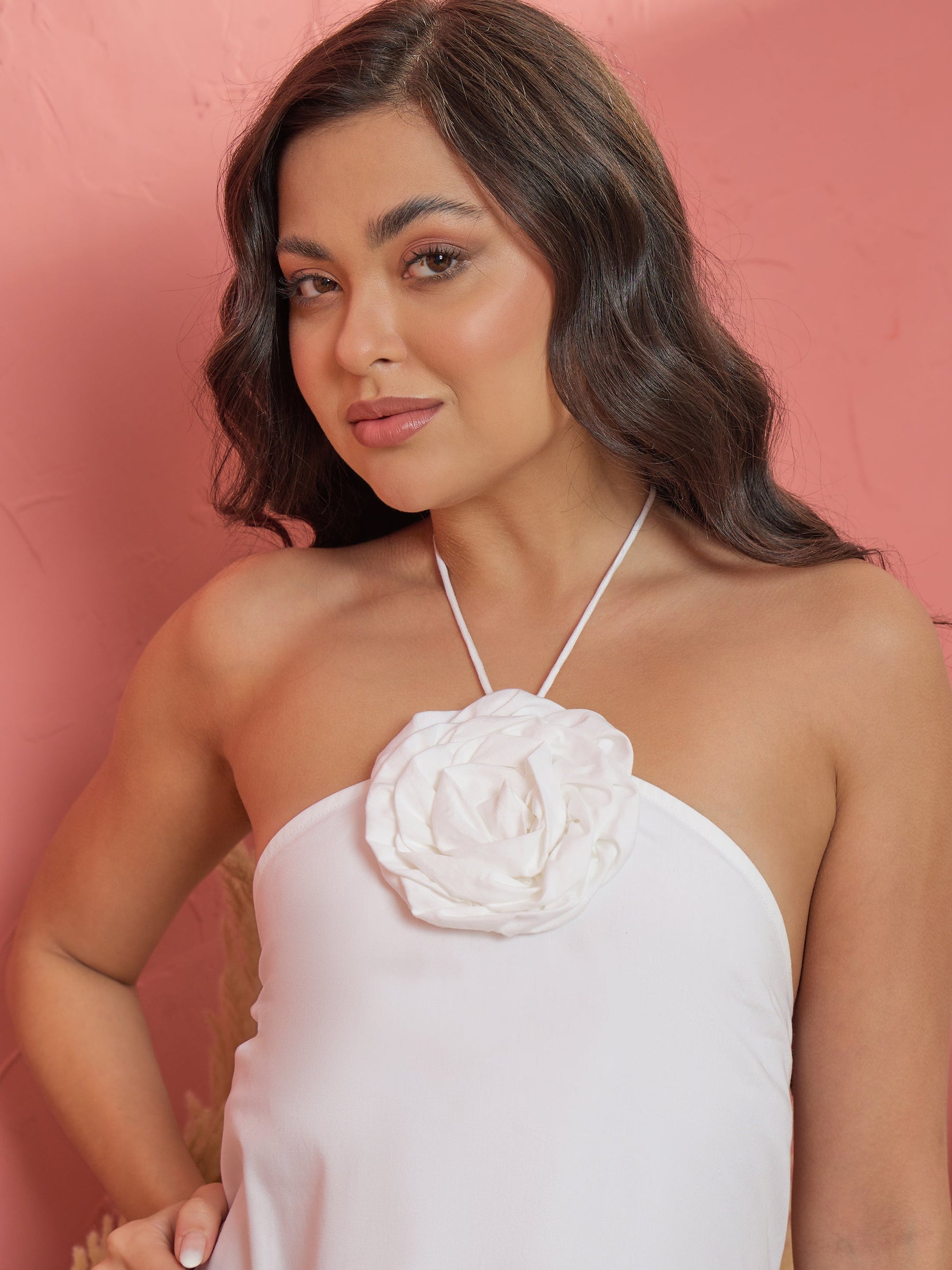 White Front Corsage Halter Neck A-Line Midi Dress-Pink Paprika by SASSAFRAS