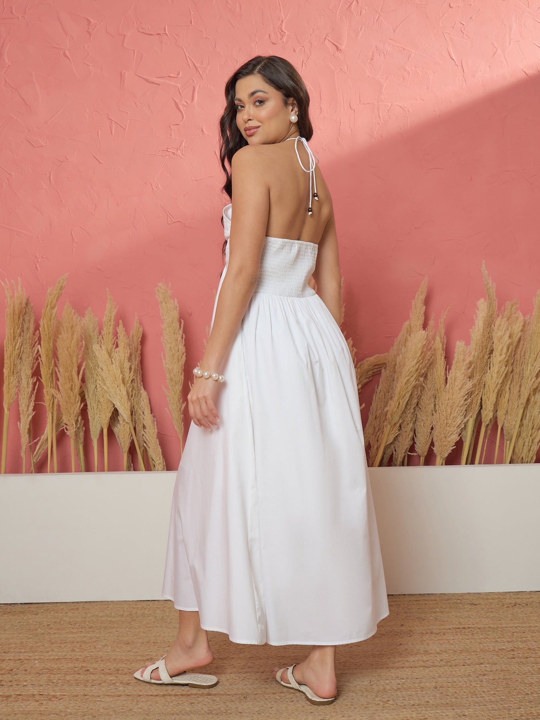 Women White Front Corsage Halter Neck A-Line Midi Dress