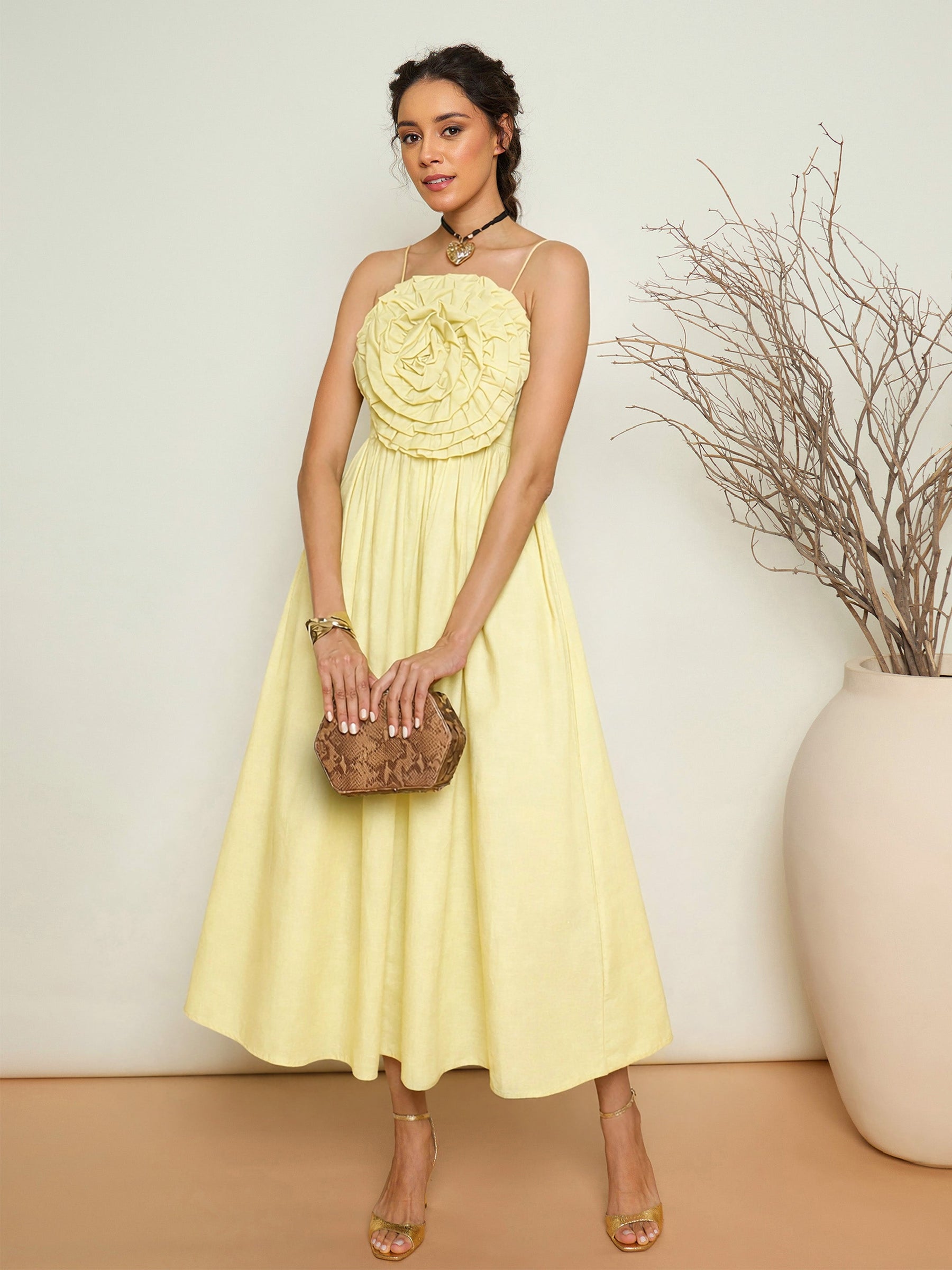 Yellow Poplin Front Corsage Strappy Maxi Dress-Pink Paprika by SASSAFRAS
