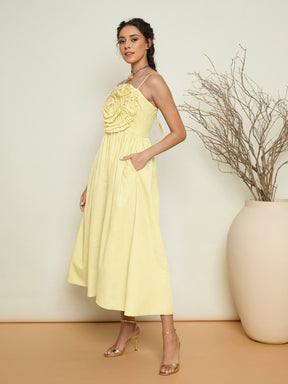 Yellow Poplin Front Corsage Strappy Maxi Dress-Pink Paprika by SASSAFRAS
