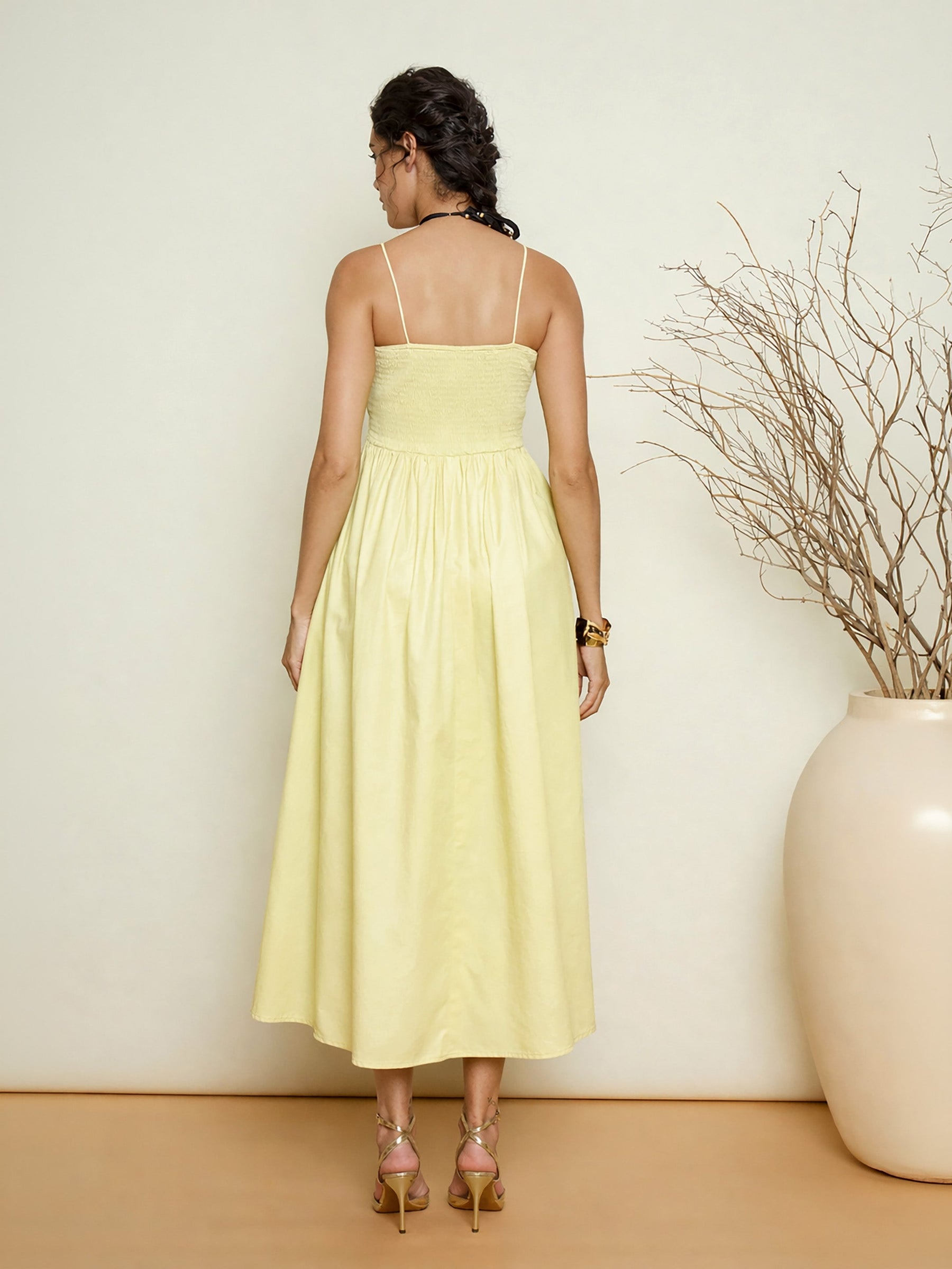 Yellow Poplin Front Corsage Strappy Maxi Dress-Pink Paprika by SASSAFRAS