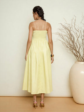 Yellow Poplin Front Corsage Strappy Maxi Dress-Pink Paprika by SASSAFRAS