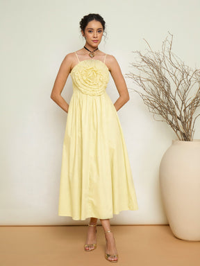 Women Yellow Poplin Front Corsage Strappy Maxi Dress