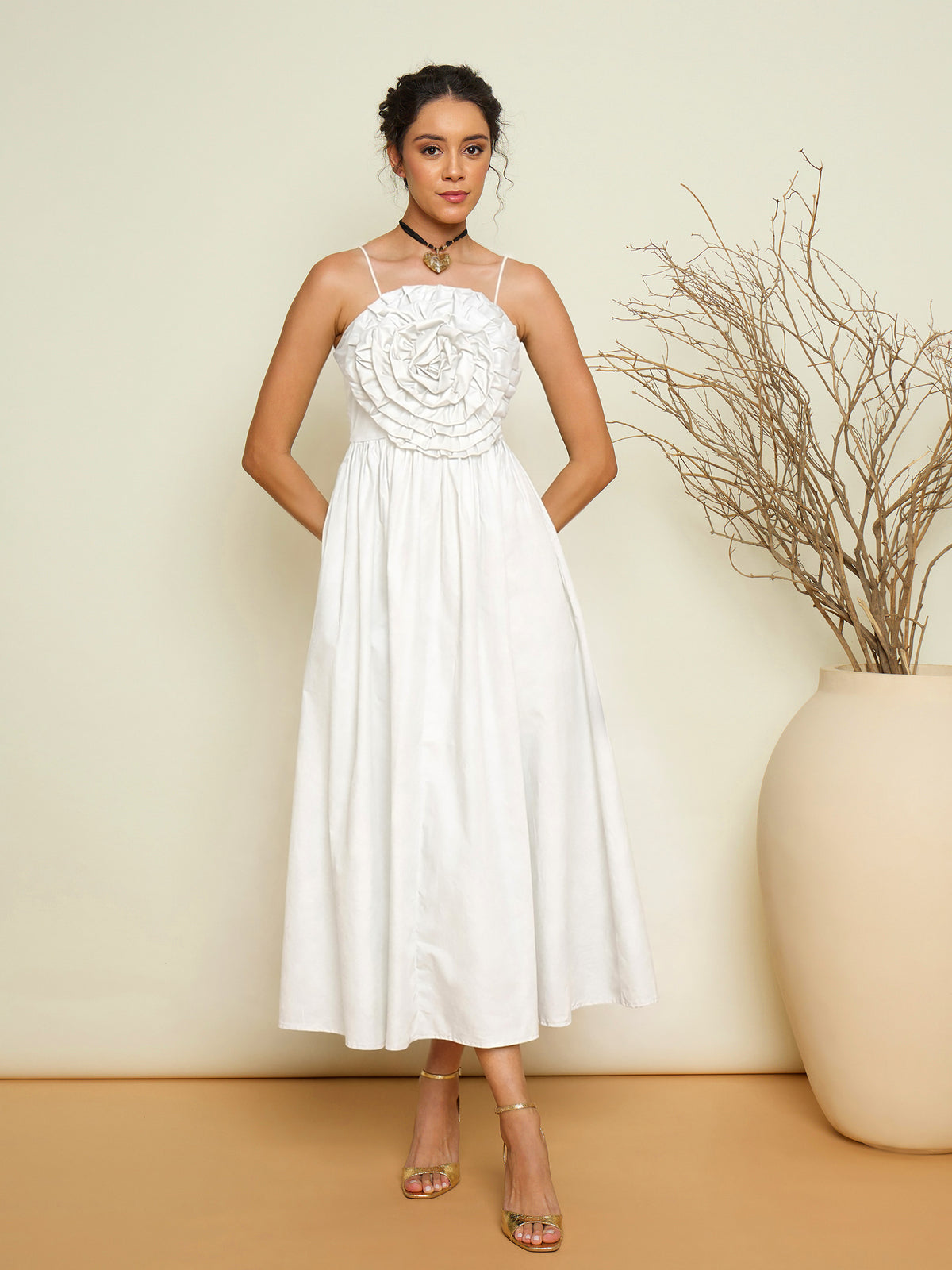 White Poplin Front Corsage Strappy Maxi Dress-Pink Paprika by SASSAFRAS