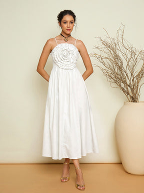 White Poplin Front Corsage Strappy Maxi Dress-Pink Paprika by SASSAFRAS