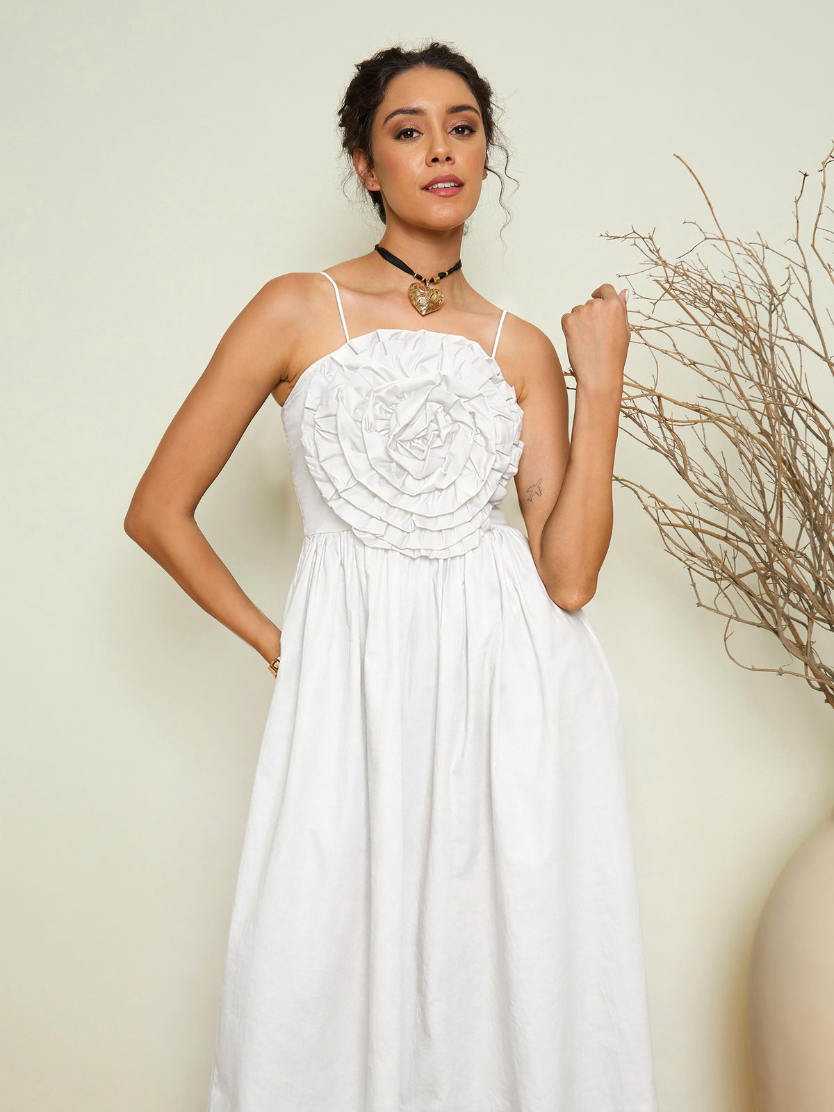 White Poplin Front Corsage Strappy Maxi Dress-Pink Paprika by SASSAFRAS
