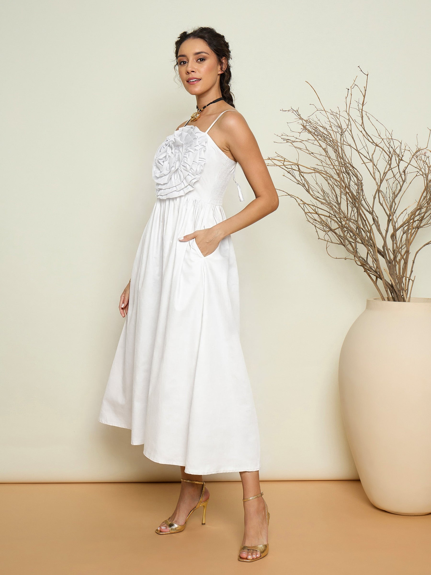 White Poplin Front Corsage Strappy Maxi Dress-Pink Paprika by SASSAFRAS