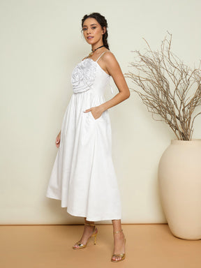 White Poplin Front Corsage Strappy Maxi Dress-Pink Paprika by SASSAFRAS