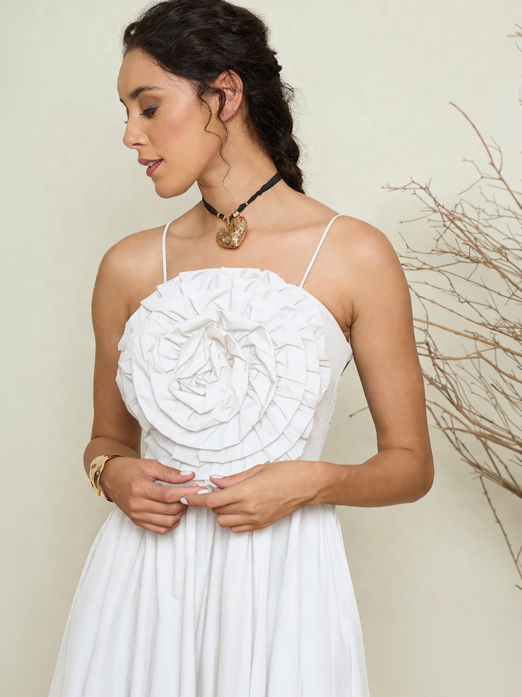 White Poplin Front Corsage Strappy Maxi Dress-Pink Paprika by SASSAFRAS
