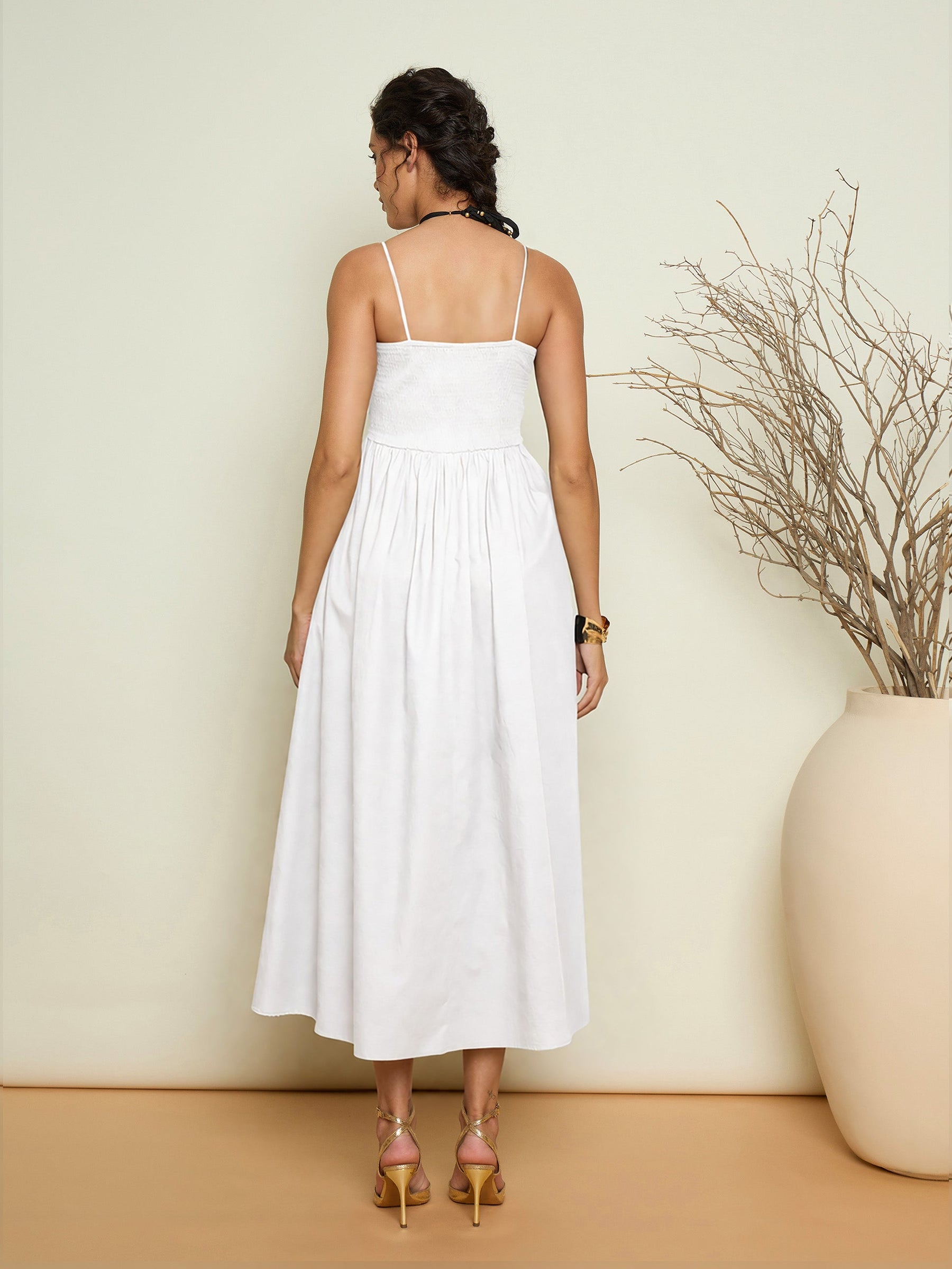 White Poplin Front Corsage Strappy Maxi Dress-Pink Paprika by SASSAFRAS