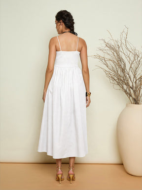 White Poplin Front Corsage Strappy Maxi Dress-Pink Paprika by SASSAFRAS