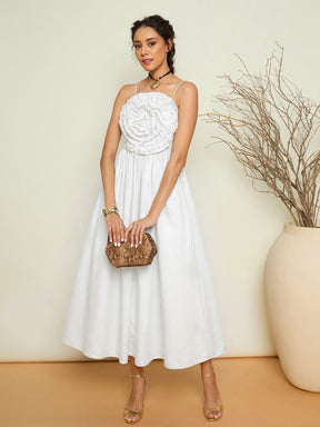 Women White Poplin Front Corsage Strappy Maxi Dress