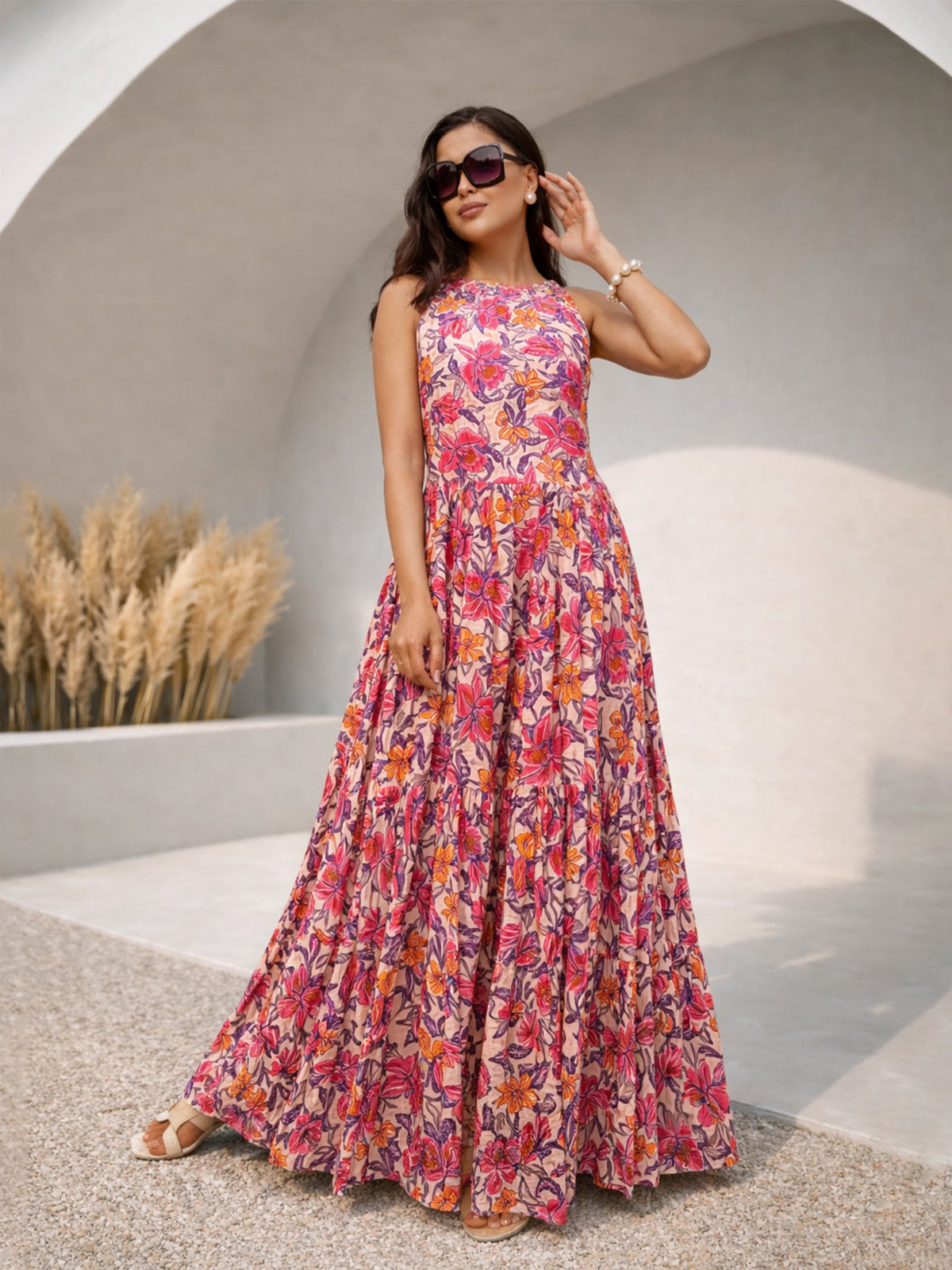 Pink Floral Crinkle Halter Neck Flared Hem Maxi Dress-Pink Paprika by SASSAFRAS