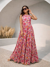 Pink Floral Crinkle Halter Neck Flared Hem Maxi Dress-Pink Paprika by SASSAFRAS