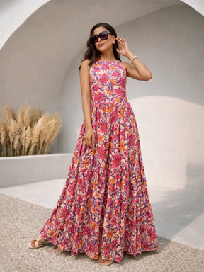 Pink Floral Crinkle Halter Neck Flared Hem Maxi Dress-Pink Paprika by SASSAFRAS