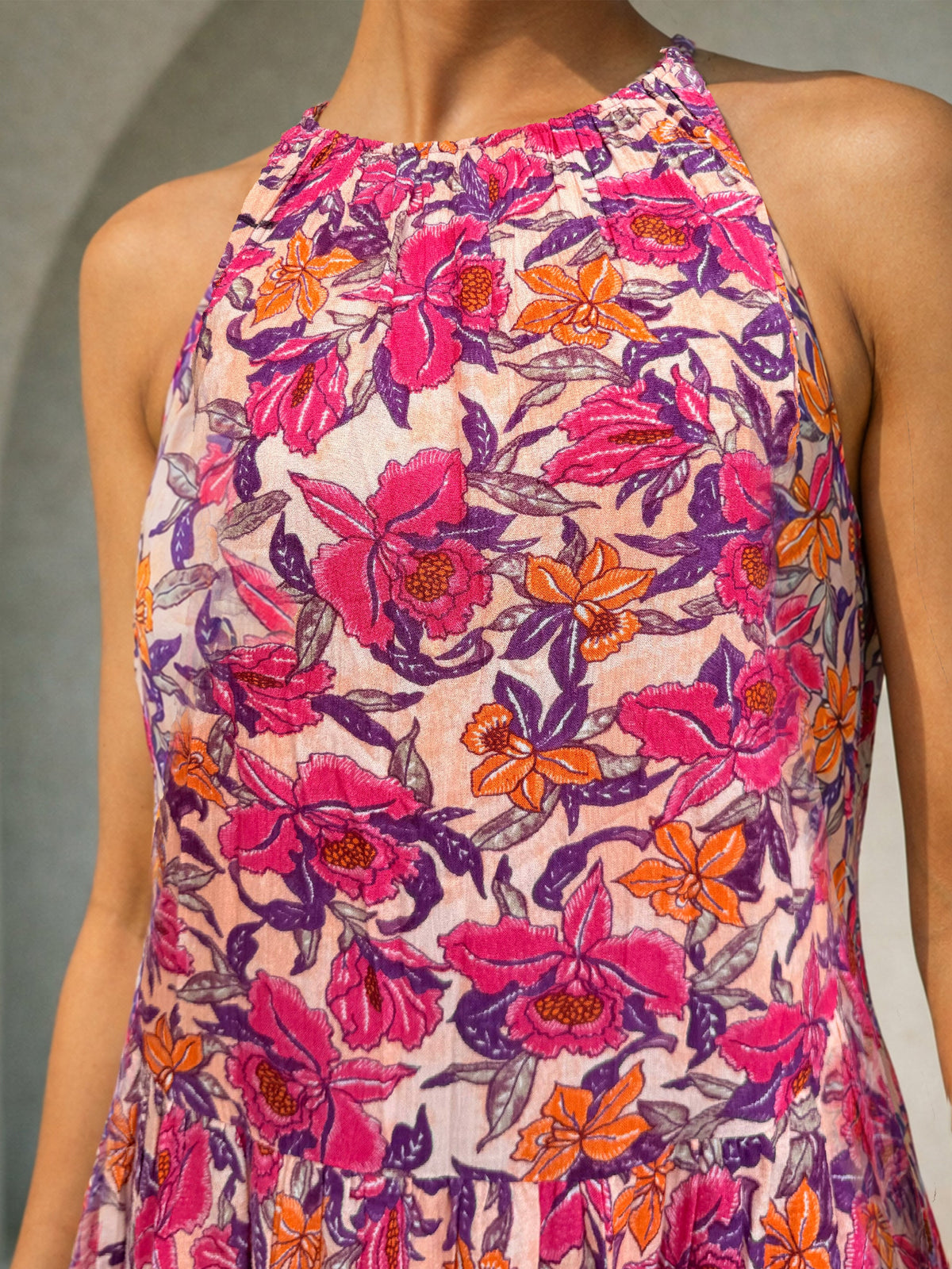 Pink Floral Crinkle Halter Neck Flared Hem Maxi Dress-Pink Paprika by SASSAFRAS