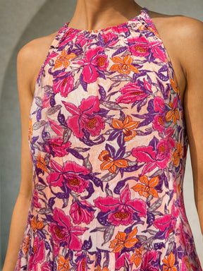 Pink Floral Crinkle Halter Neck Flared Hem Maxi Dress-Pink Paprika by SASSAFRAS