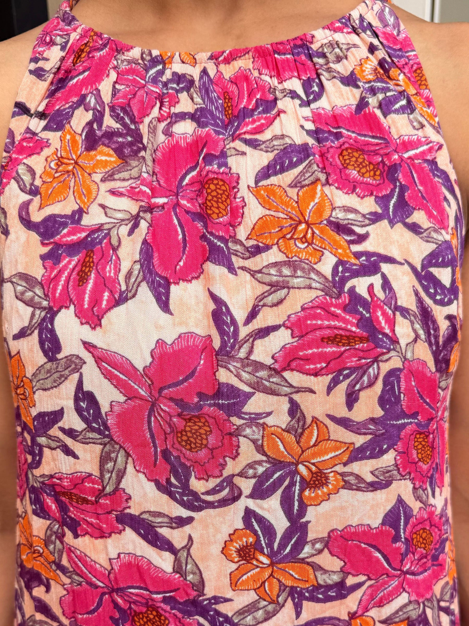 Pink Floral Crinkle Halter Neck Flared Hem Maxi Dress-Pink Paprika by SASSAFRAS