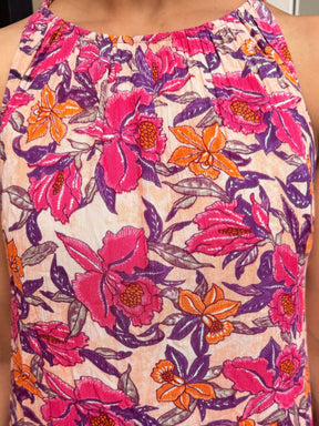 Pink Floral Crinkle Halter Neck Flared Hem Maxi Dress-Pink Paprika by SASSAFRAS