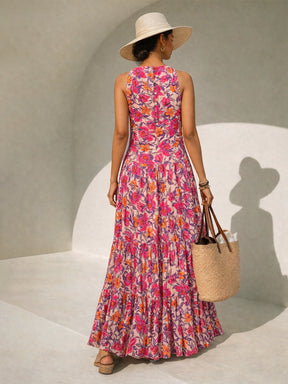 Pink Floral Crinkle Halter Neck Flared Hem Maxi Dress-Pink Paprika by SASSAFRAS
