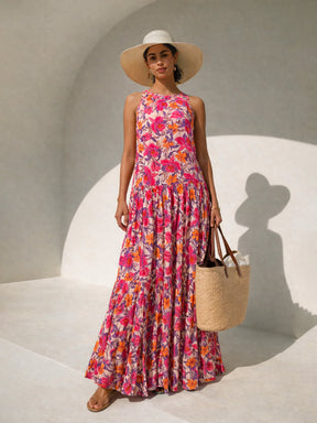 Women Pink Floral Crinkle Halter Neck Flared Hem Maxi Dress