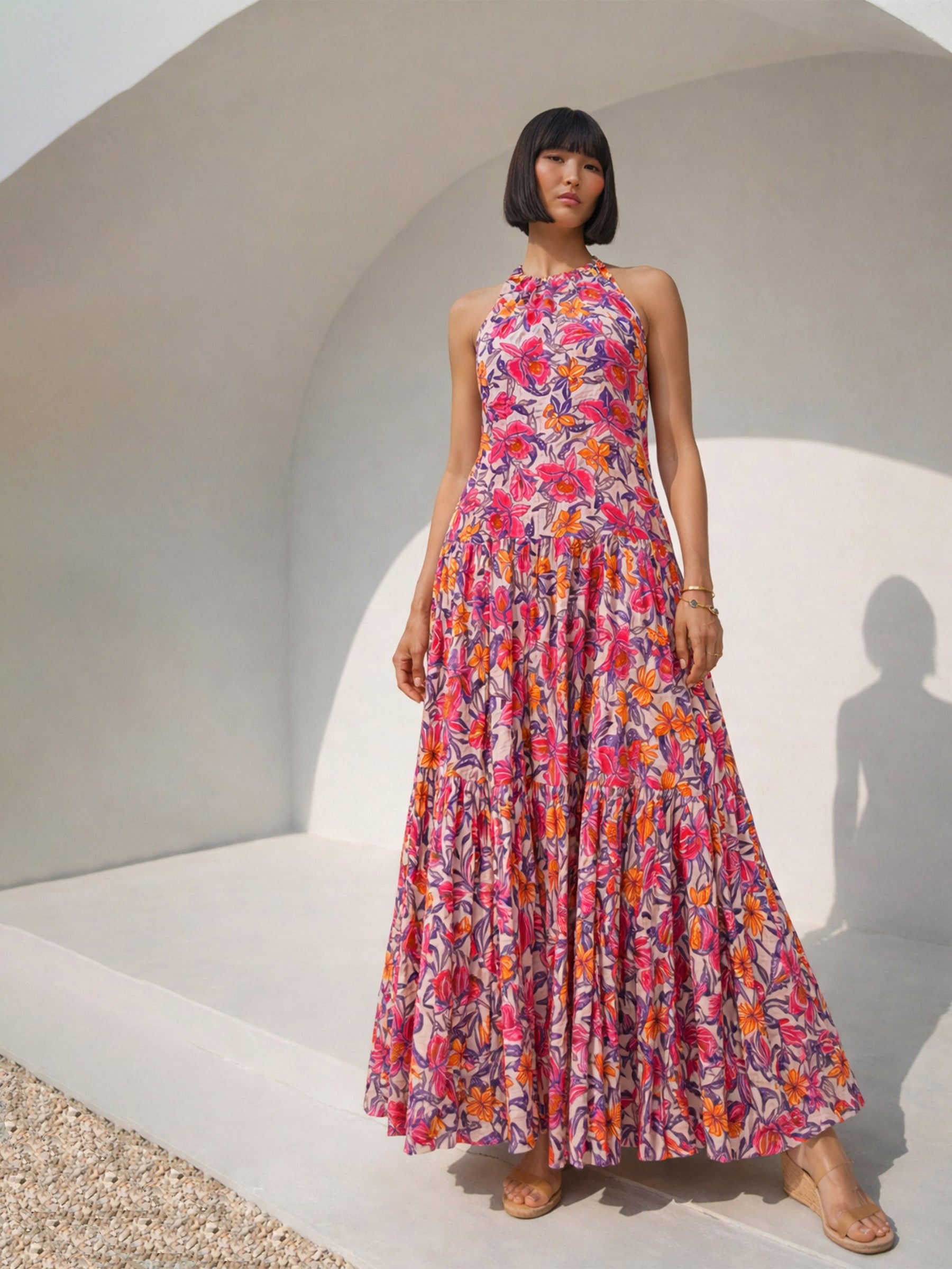 Women Pink Floral Crinkle Halter Neck Flared Hem Maxi Dress