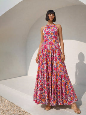 Women Pink Floral Crinkle Halter Neck Flared Hem Maxi Dress