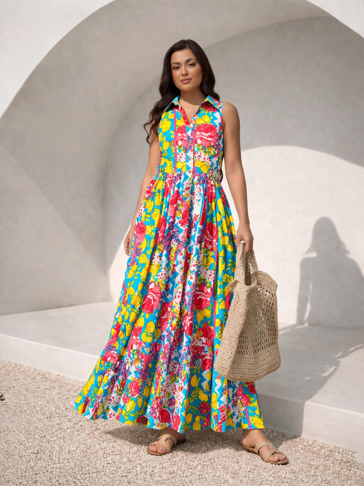 Blue Multi Floral Collar Neck Button Down Maxi Dress-Pink Paprika by SASSAFRAS