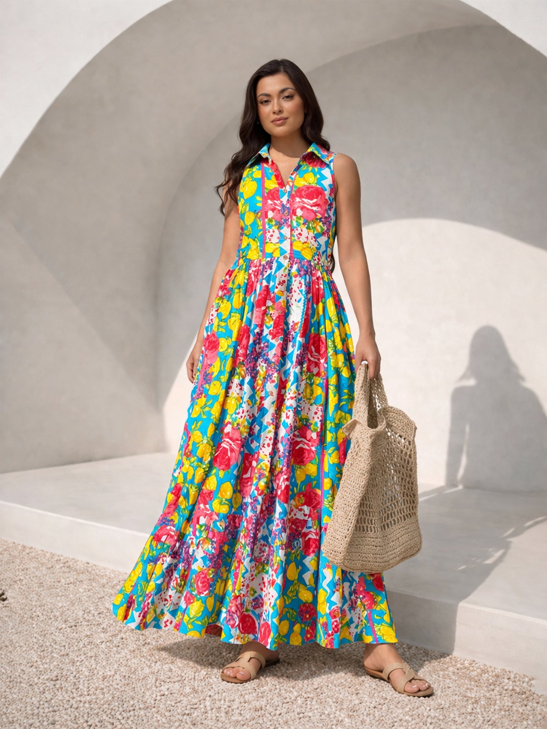 Blue Multi Floral Collar Neck Button Down Maxi Dress-Pink Paprika by SASSAFRAS