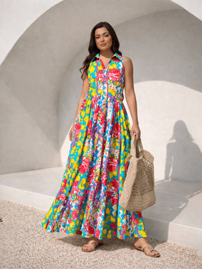 Blue Multi Floral Collar Neck Button Down Maxi Dress-Pink Paprika by SASSAFRAS
