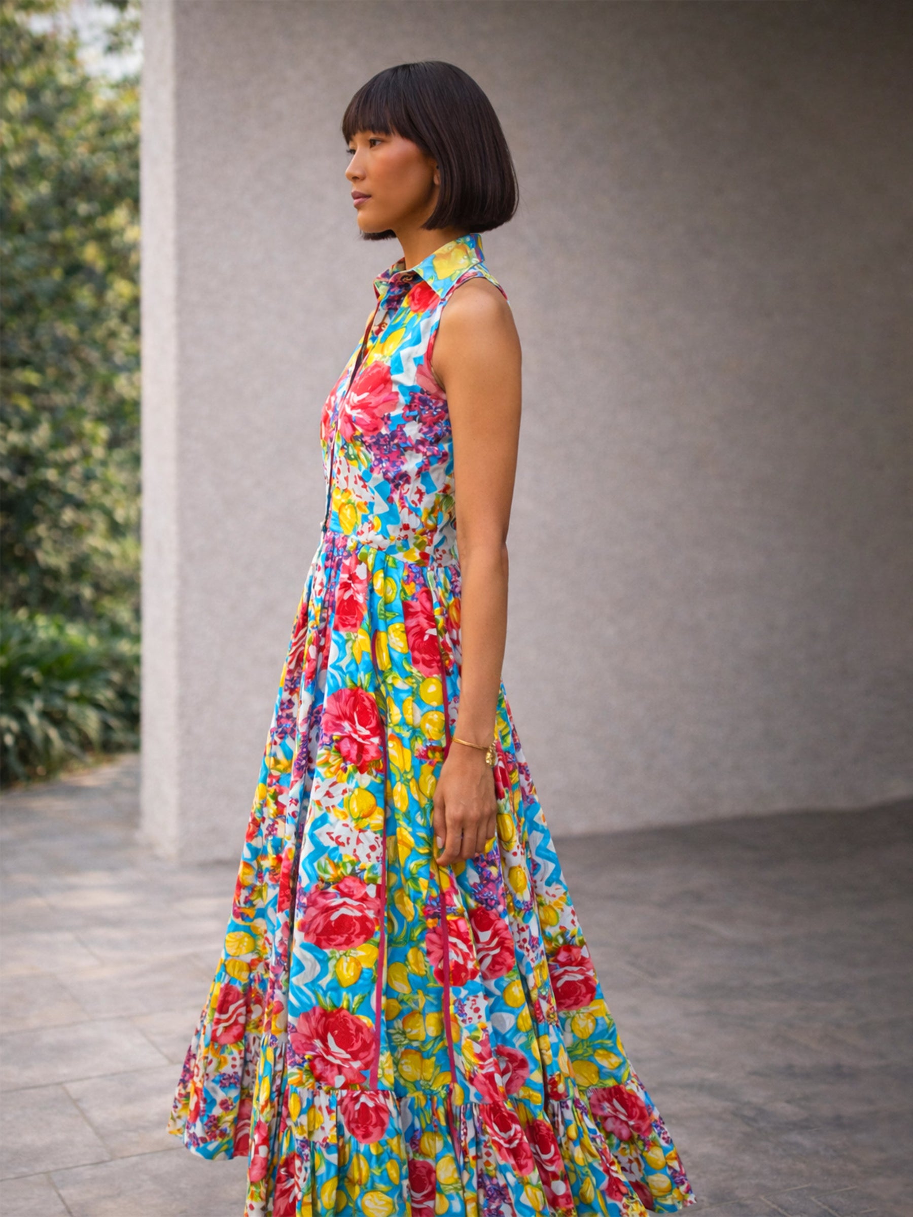 Blue Multi Floral Collar Neck Button Down Maxi Dress-Pink Paprika by SASSAFRAS