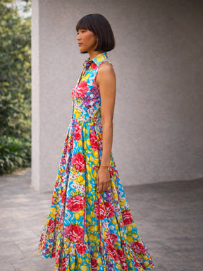 Blue Multi Floral Collar Neck Button Down Maxi Dress-Pink Paprika by SASSAFRAS