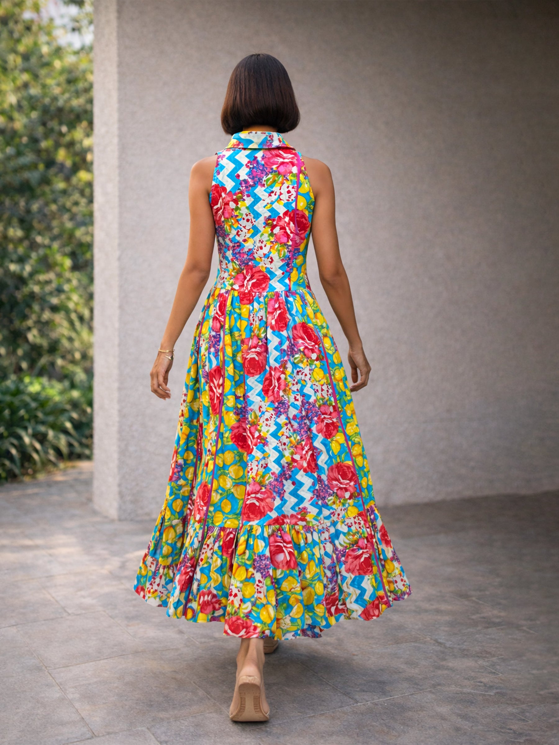 Blue Multi Floral Collar Neck Button Down Maxi Dress-Pink Paprika by SASSAFRAS