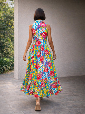 Blue Multi Floral Collar Neck Button Down Maxi Dress-Pink Paprika by SASSAFRAS