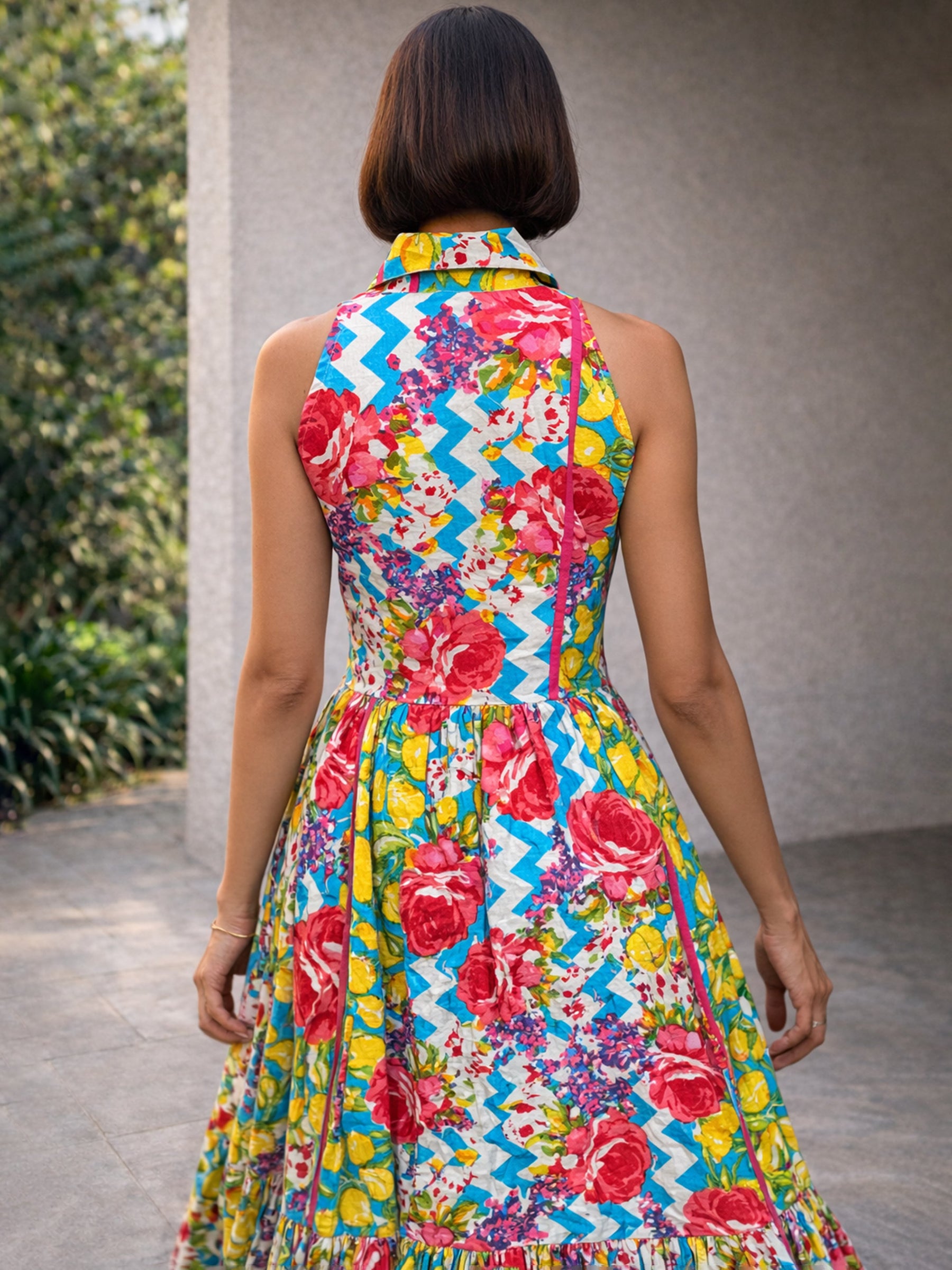 Women Blue Multi Floral Collar Neck Button Down Maxi Dress