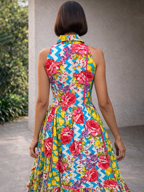 Women Blue Multi Floral Collar Neck Button Down Maxi Dress