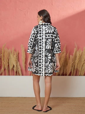 Black & White Floral Collar Neck Short Dress-Pink Paprika by SASSAFRAS