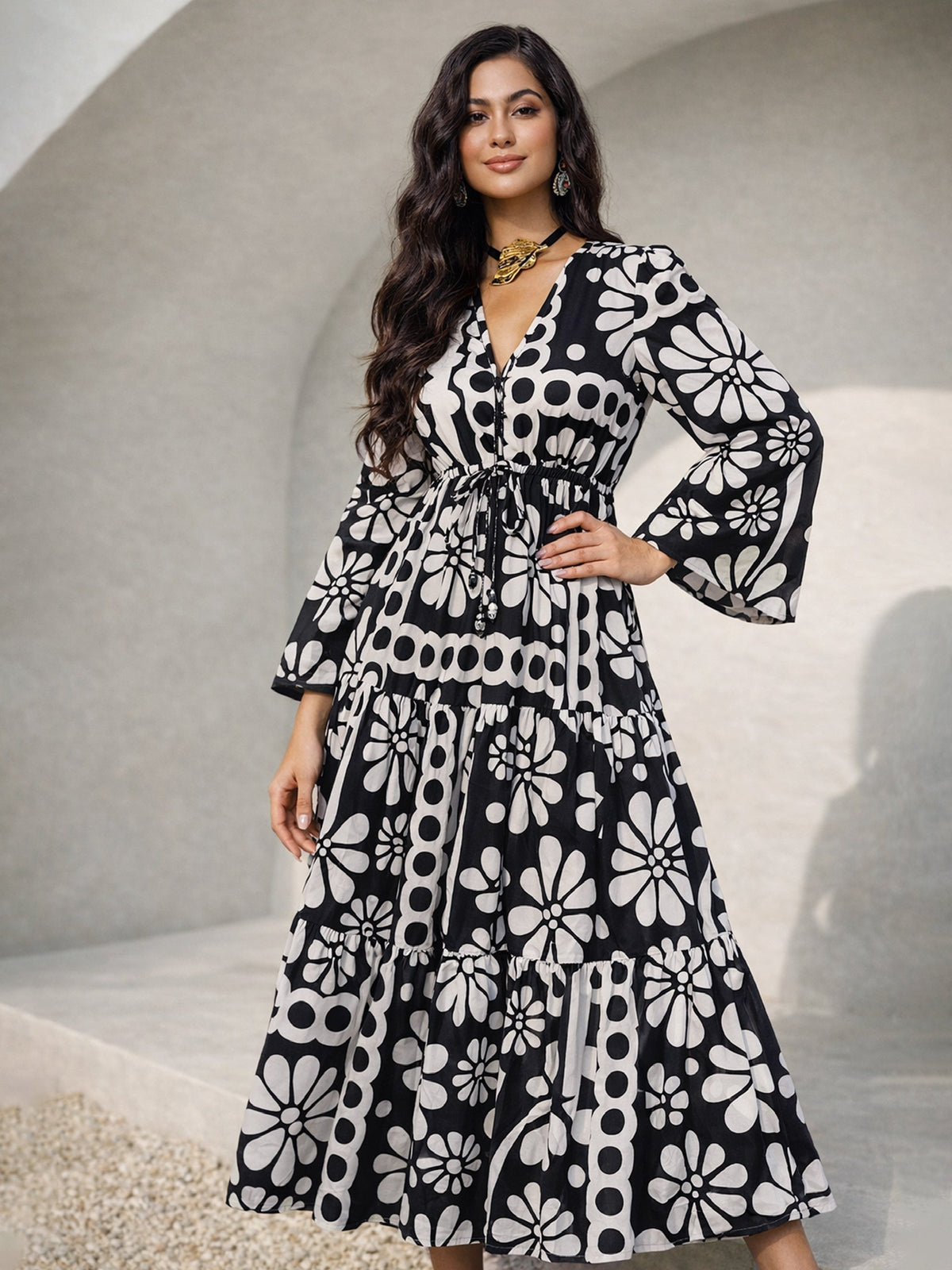 Black & White Floral V Neck Waist Tie Knot Maxi Dress-Pink Paprika by SASSAFRAS