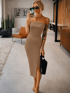 Beige Rib Off Shoulder Tube Midi Dress-SASSAFRAS