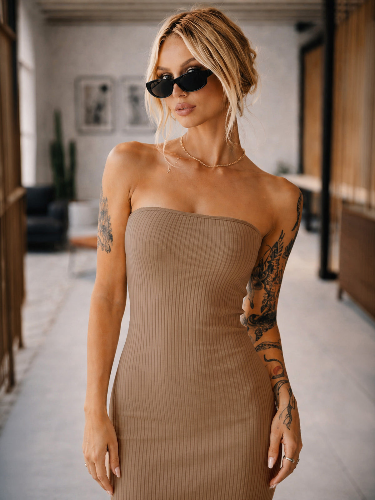 Beige Rib Off Shoulder Tube Midi Dress-SASSAFRAS