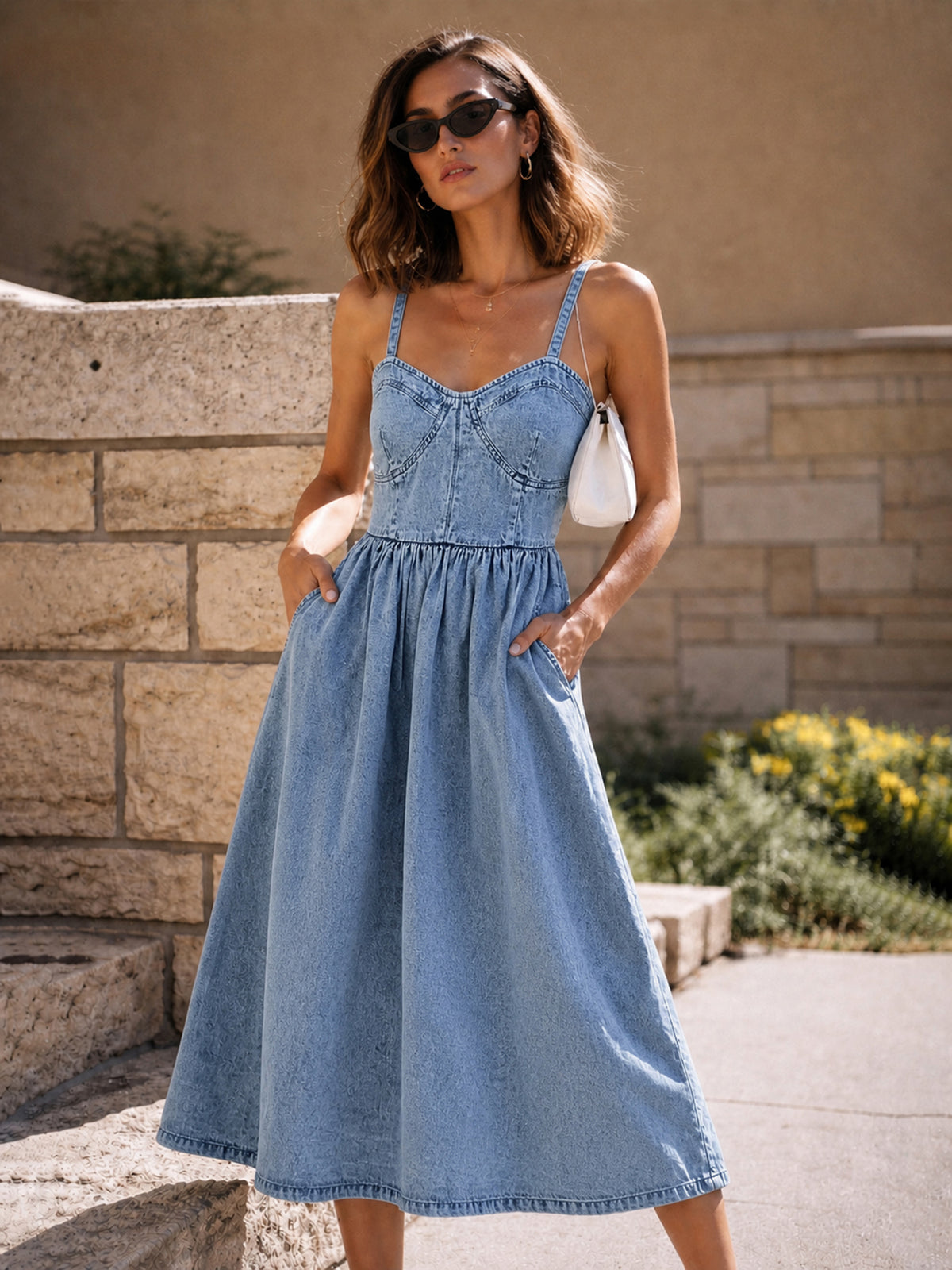 Light Blue Denim Strappy Midi Dress-SASSAFRAS