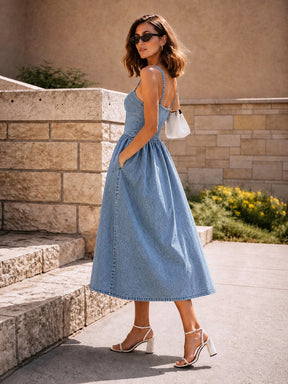 Light Blue Denim Strappy Midi Dress-SASSAFRAS