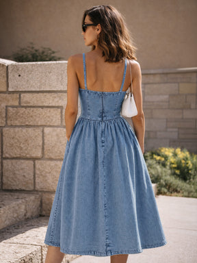 Light Blue Denim Strappy Midi Dress-SASSAFRAS
