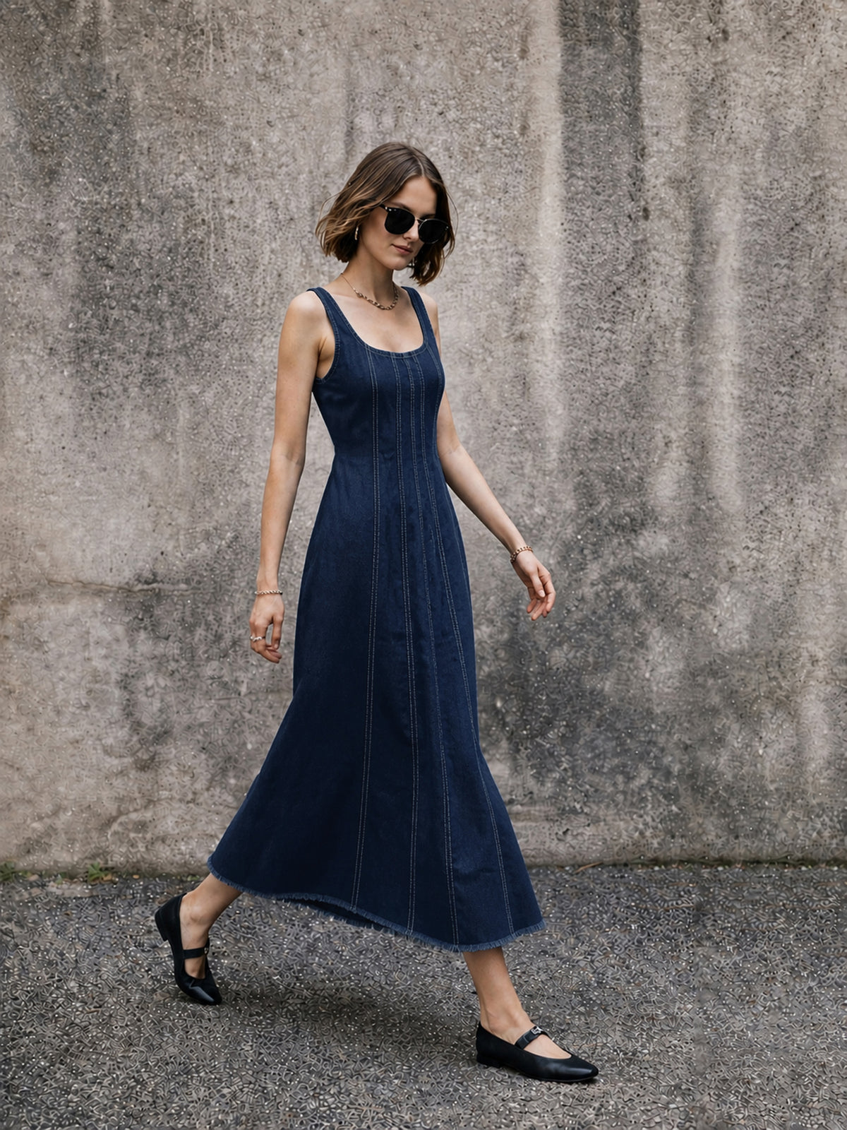Navy Denim A-Line Midi Dress-SASSAFRAS
